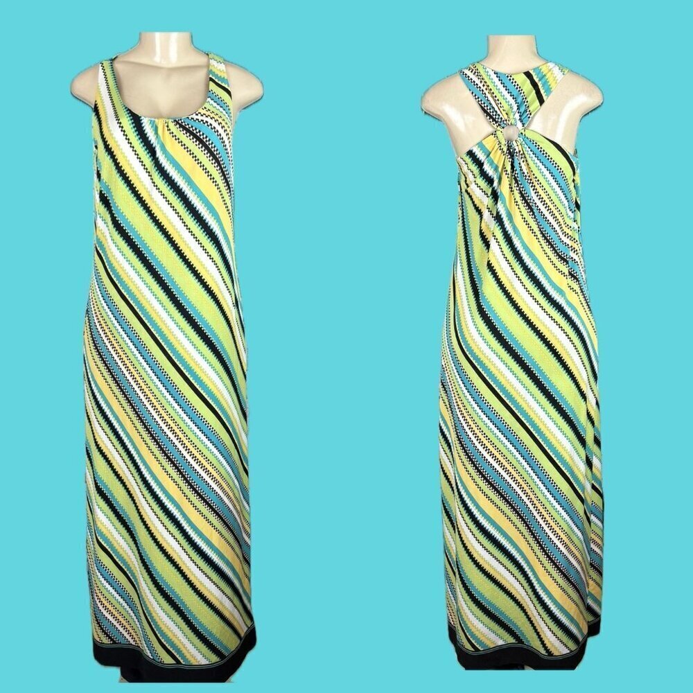 Emma & Michele M Multicolor Diagonal Puzzle Striped Keyhole Racerback Maxi Dress